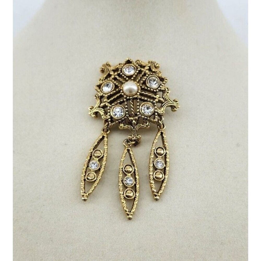 Vintage Gold Tone Faux Pearl/Clear Rhinestone Dangle Brooch Pin Retro Victorian